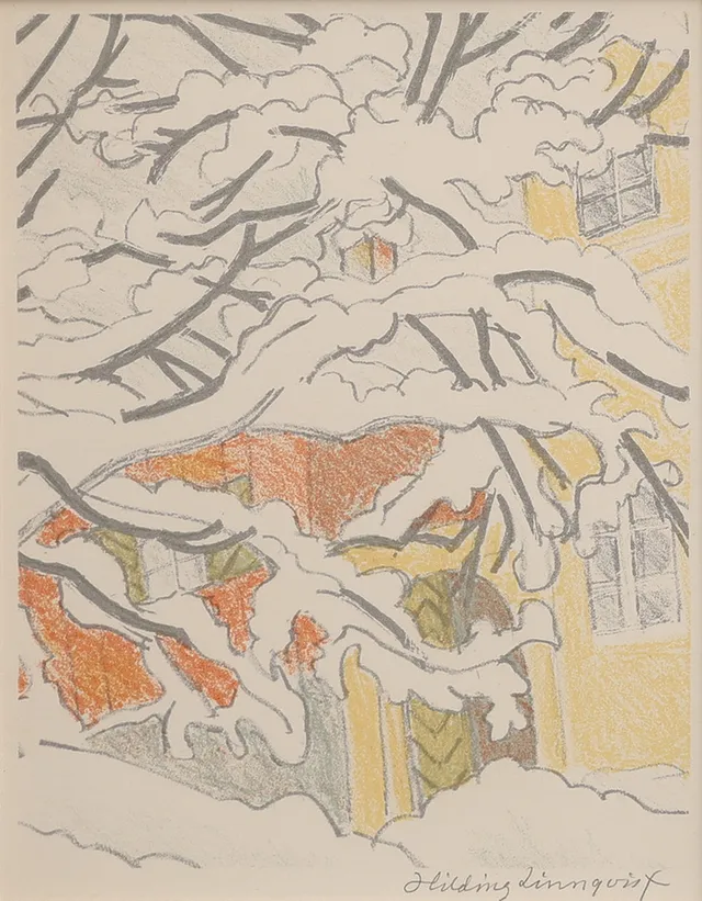 HILDING LINNQVIST. LITOGRAFI, STADSVY I SNÖ, SIGNERAD.