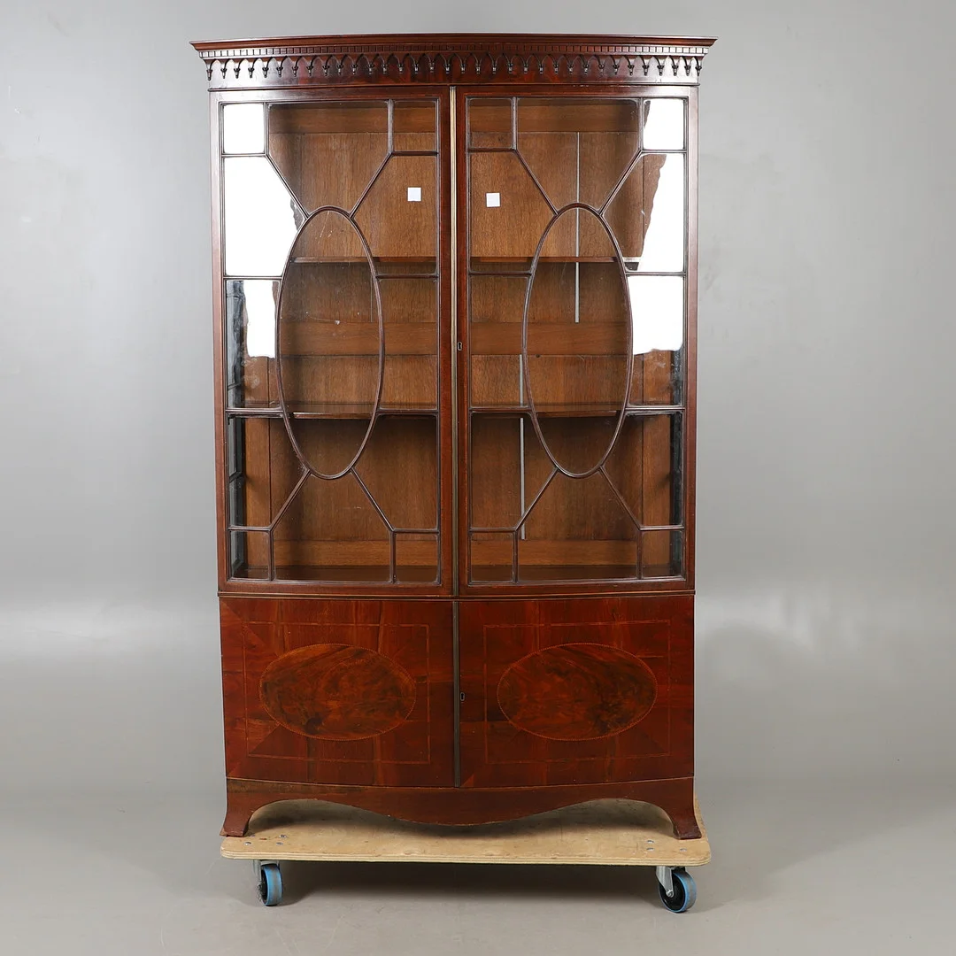 INLAID MAHOGANY GLAZED DISPLAY CABINET. — Cupboards, Cabinets & Shelves — Lawrences Auctioneers