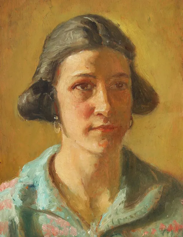 Portrait of a young woman. Signed m.a. Inscribed on the reverse with date 1911. Oil on wood. 35 × 27 cm.