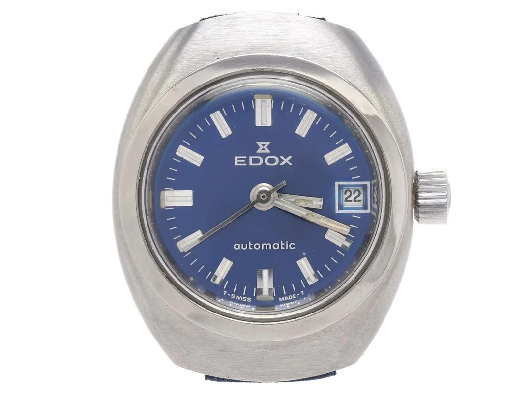 EDOX, damur, 23 mm, Boett nr. 200378, stål, manuell, plexiglas, datum, läderband, originalspänne, ca 1970. — Klockor/Edox — Kaplans