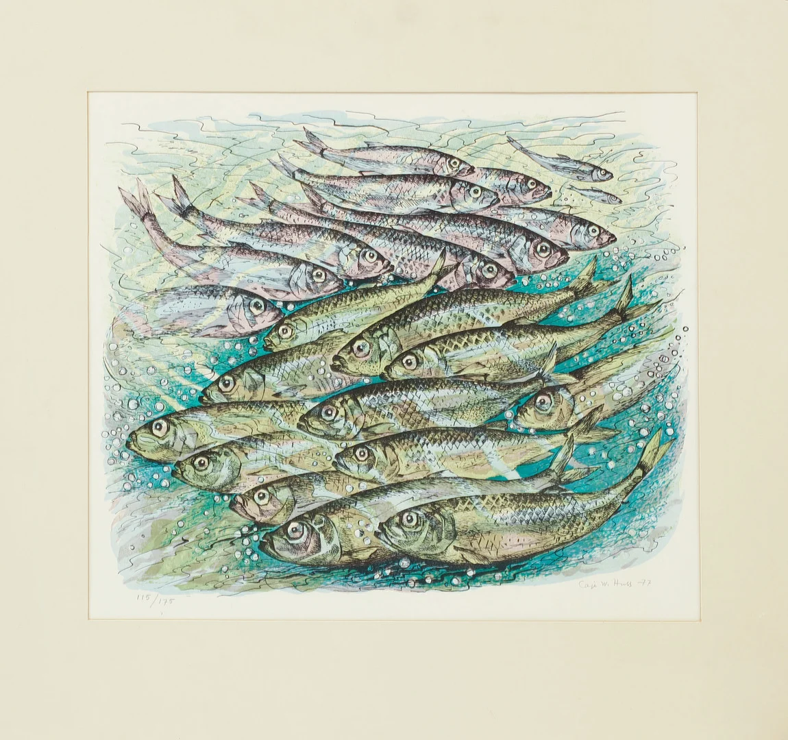 CAJE HUSS. Fiskstimm, färglitografi, signerad och numrerad 115/175. — Engravings & Prints — Göteborgs Auktionsverk