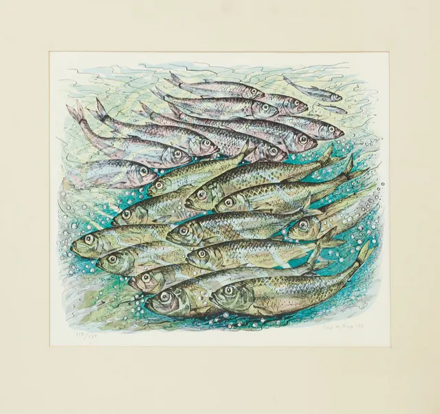 CAJE HUSS. Fiskstimm, färglitografi, signerad och numrerad 115/175.