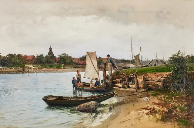 SEVERIN NILSON. Sommarlandskap med barn i segeljolle, olja på duk, 59x89 cm.