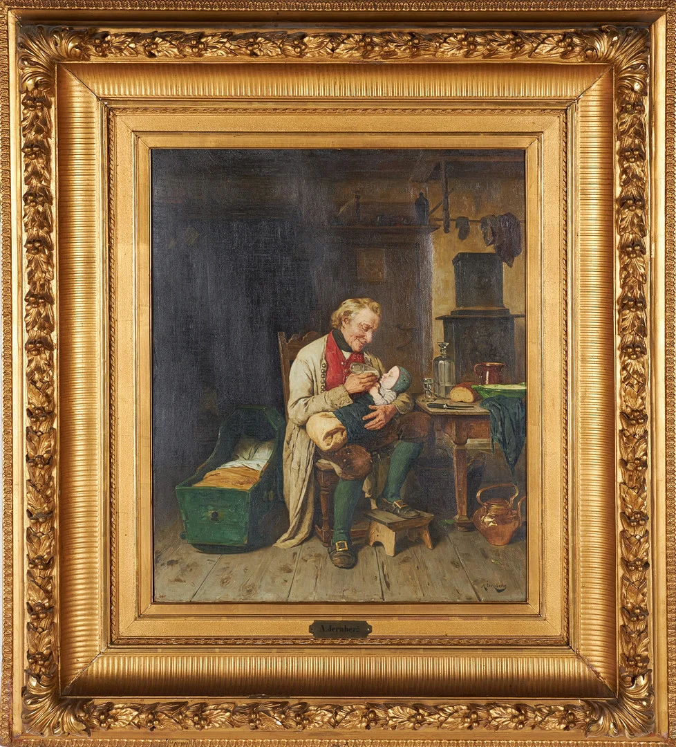 AUGUST JERNBERG. "Farfar matar lillan", olja på duk, signerad A Jernberg. — Paintings — Stockholms Auktionsverk Sickla