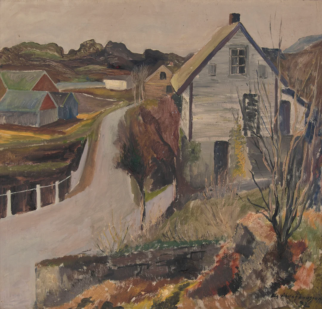 Abrahamsson, Ola — Husklynge ved vei, 1932 — Kunst/Maleri — Blomqvist