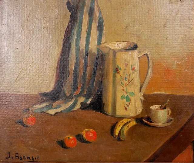FIRMADO J. ASENSIO. BODEGÓN. ÓLEO SOBRE TÁBLEX.