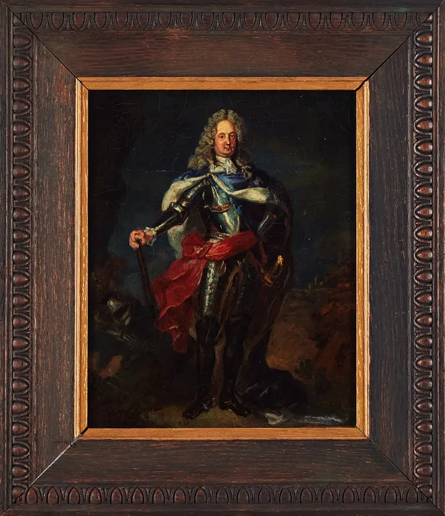 OKÄND KONSTNÄR, 1700-tal. Porträtt av herre klädd i rustning och mantel, oljemålning på duk.