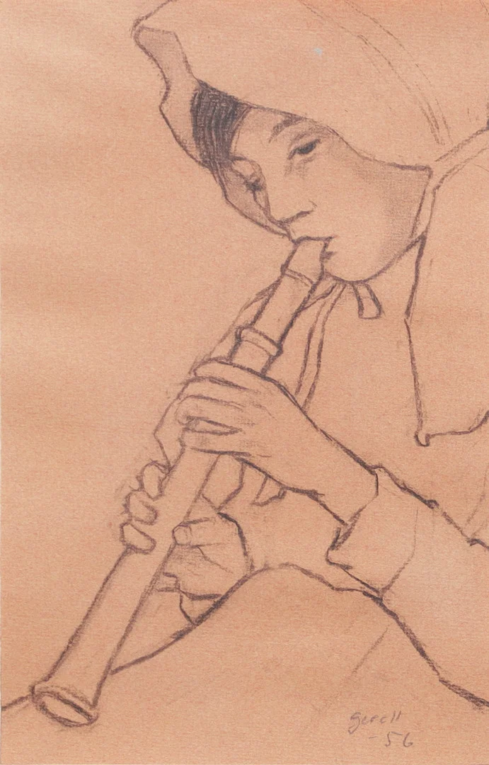 GRETA GERELL. Flöjtspelerska. Teckning, signerad och daterad -56. — Drawings — Växjö Auktionskammare