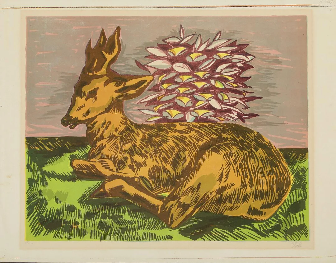 “Reclining stag”. Signed Salto, 57/250. Lithograph in colours. Sheet size 56×73 cm. Unframed. — Modern Prints/Classical modernism — Bruun Rasmussen