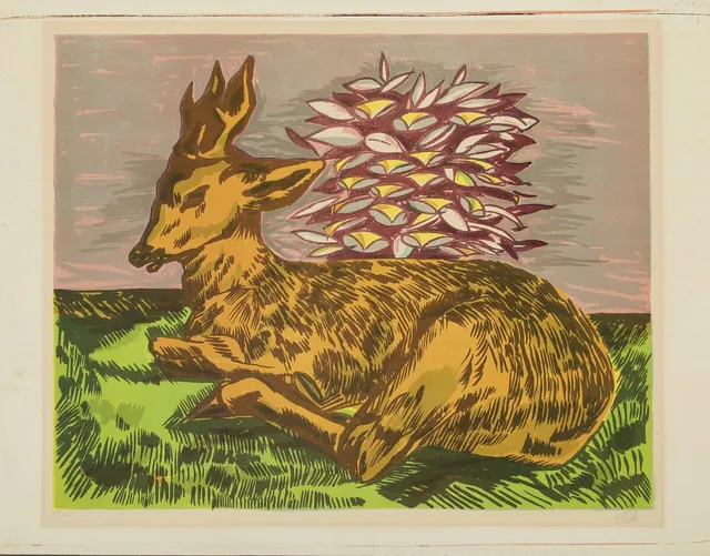 “Reclining stag”. Signed Salto, 57/250. Lithograph in colours. Sheet size 56×73 cm. Unframed.