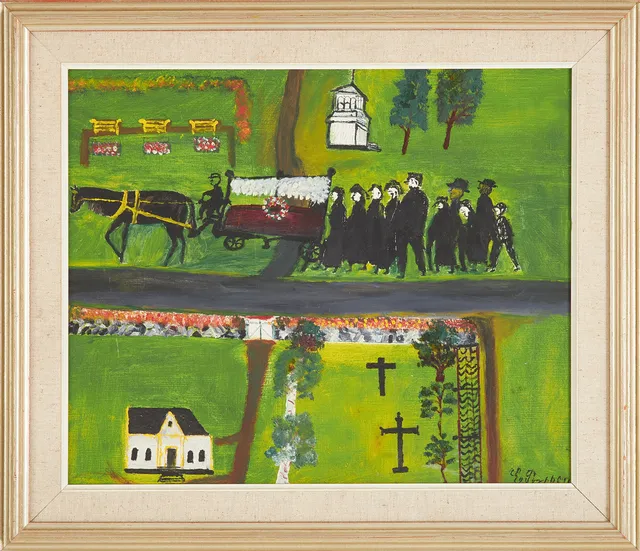 ERIK PERSSON (1879-1973). Begravningståg, olja på pannå, signerad.