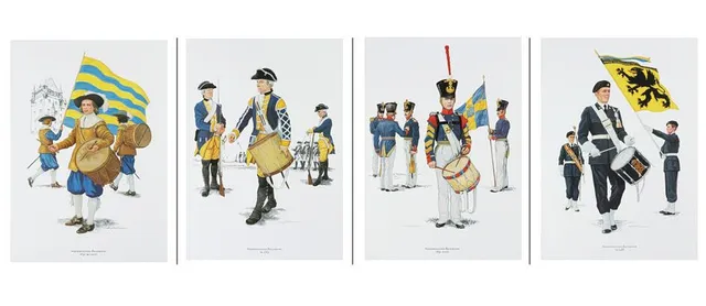 GÖTE GÖRANSSON (1921-2015). FYRFÄRGSTRYCK, 4 st. i samlingsmapp, "Trumslagare från fyra sekler" från Södermanlands regemente, utgiven av Swedish Army Tattoo 1988.