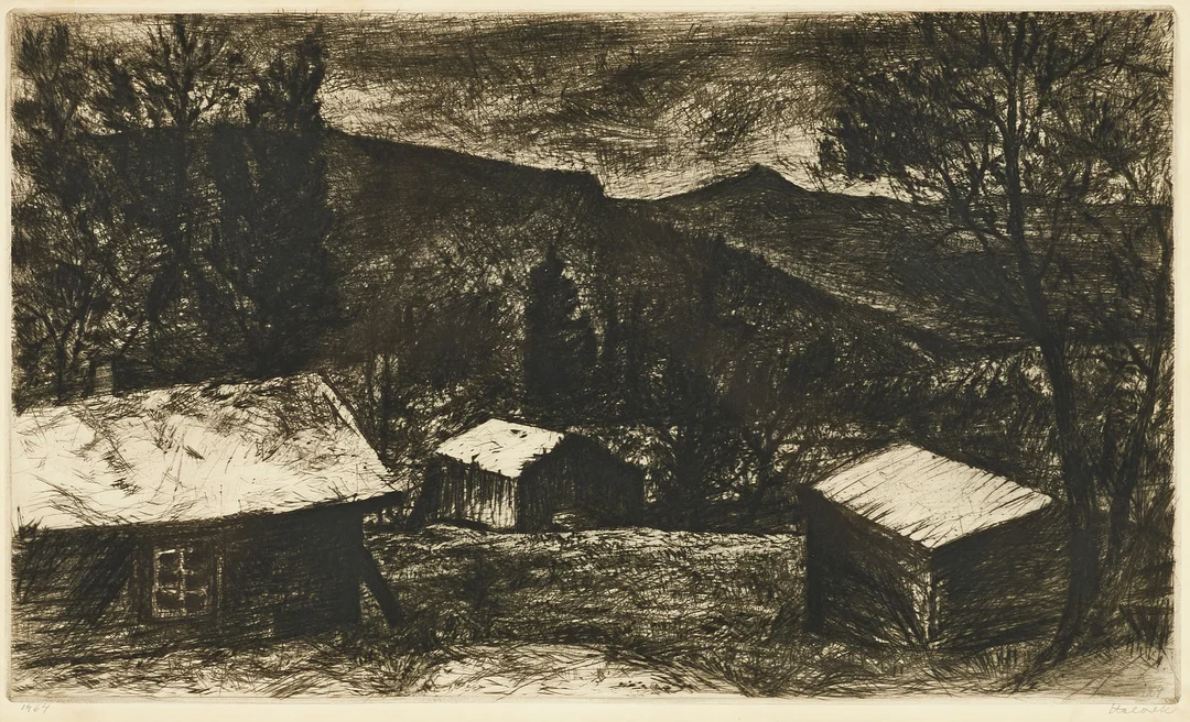 HERMAN TALVIK (ESTLAND/SVERIGE, 1906-1984). Fjällandskap med stugor, signerad, daterad 1964, etsning. — Engravings & Prints — Crafoord Auktioner Stockholm