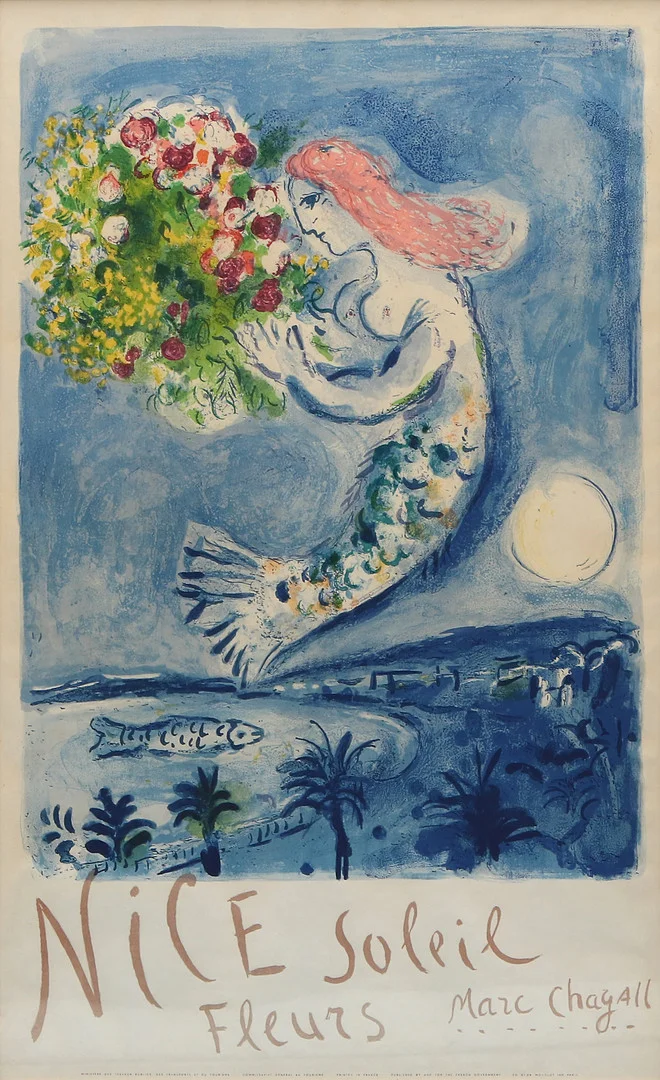MARC CHAGALL. EFTER. Litograferad utställningsaffisch. Nice Soleil, Fleurs. — Engravings & Prints — Skånes Auktionsverk
