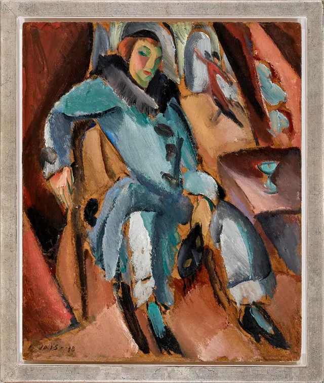 Woman seated in a cafe with a mask in the hand. In the background dancing couple, 1918. Signed Jais-18. Figure composition on the reverse. Oil on thick cardboard. 43×35 cm.