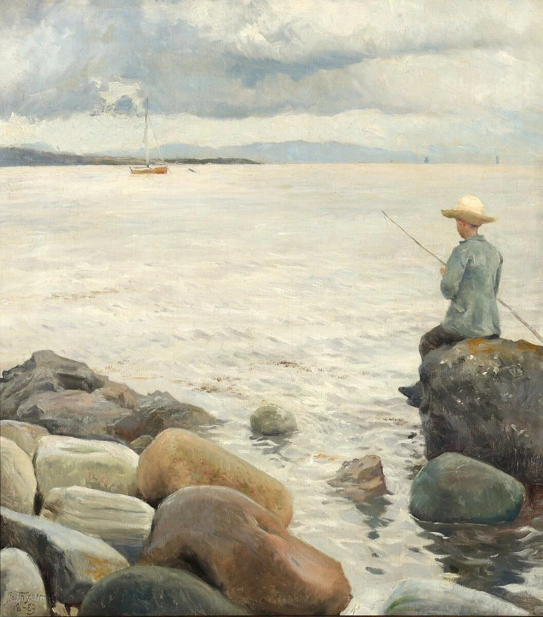 Fishing from a rocky coast. Signed and dated Paul Fischer 1889. Oil on canvas. 84×74 cm. — Paintings — Bruun Rasmussen