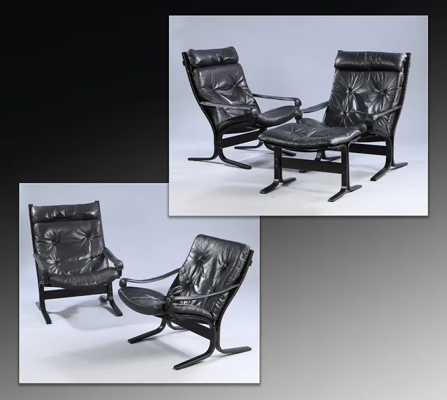 Ingmar Relling. Lounge salon, 'Siesta' chairs made in moulded black-varnished wood and leather (5)