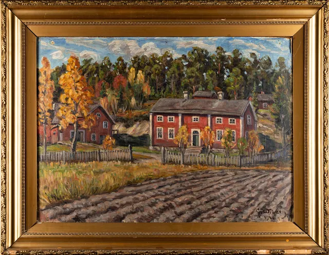 GUNNAR WIBERG (1894-1969). olja på duk uppfodrad på pannå, motiv av gård i Överhörnäs, signerad och daterad 1920.