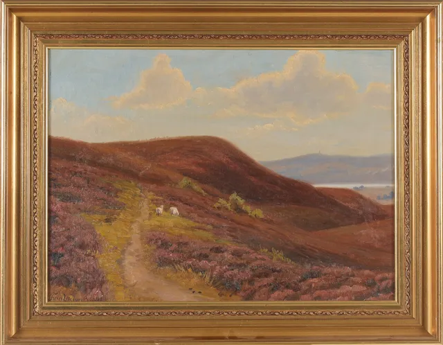 Finn Wennerwald: Landscape with heather-covered hills and grazing sheep