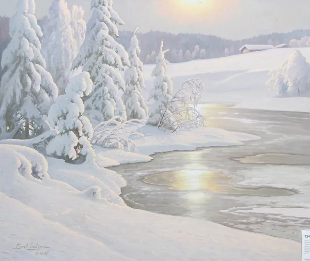ERNST LINDGREN. Snötyngda granar vid älv. Olja på pannå. Signerad och daterad 14/10-47.
