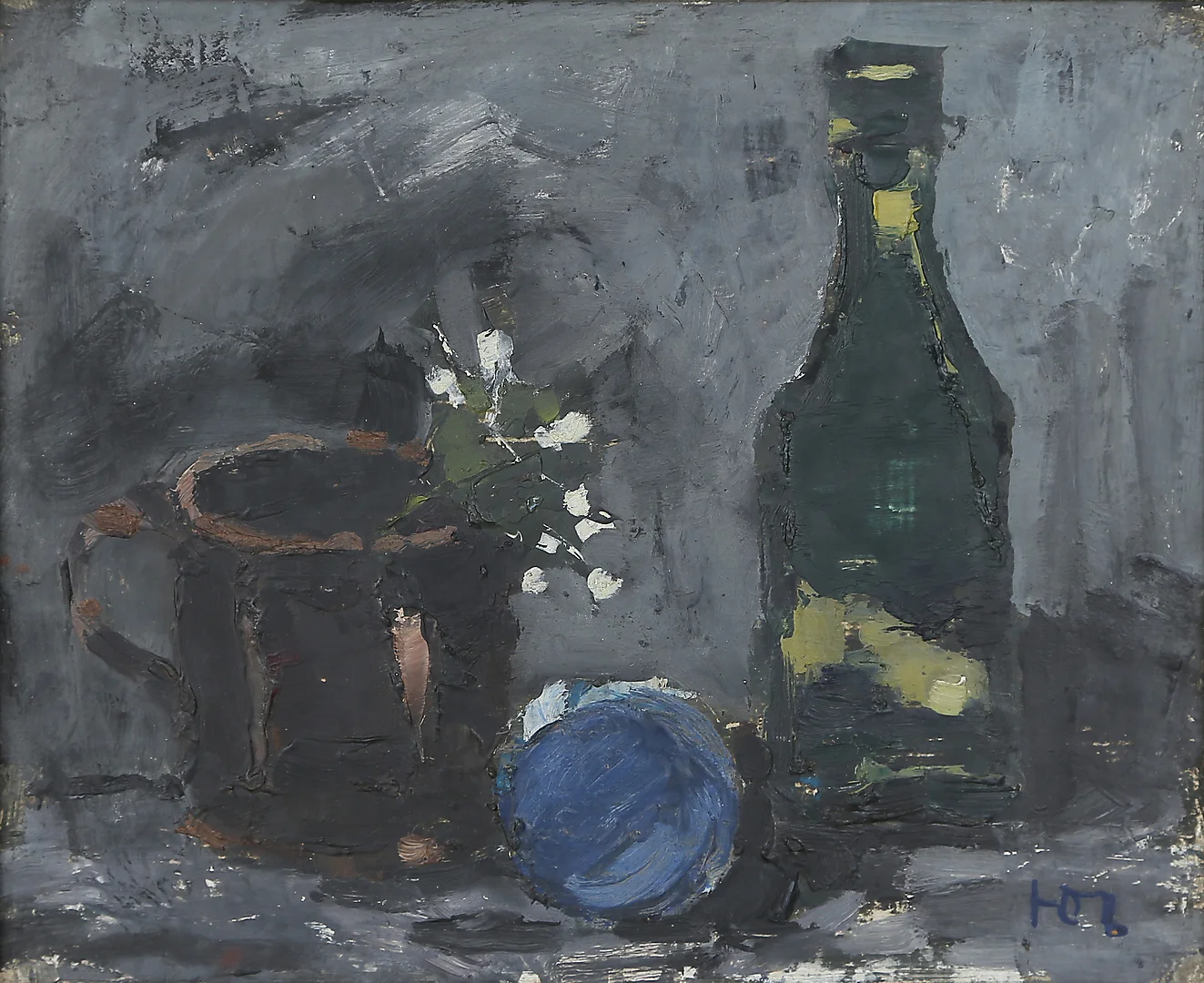 HANS OSVALD LARSSON. OLJA på pannå, "Stilleben med kopp och flaska" signerad, 1900-tal. — Paintings — Kalmar Auktionsverk