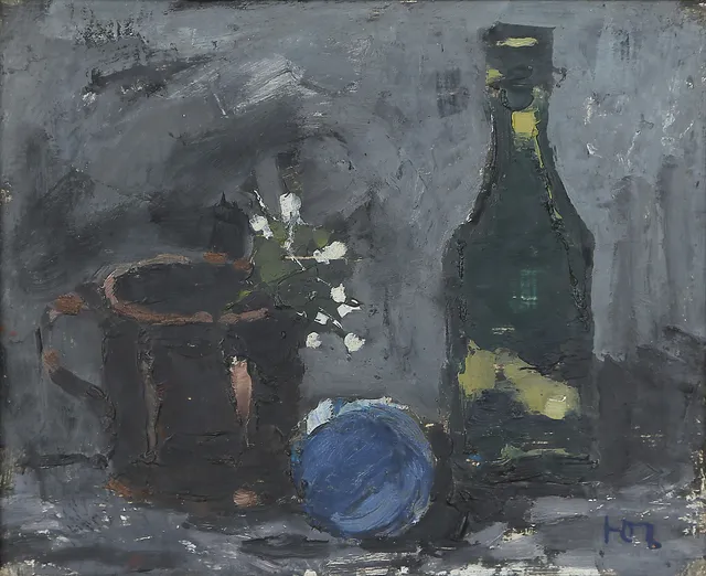 HANS OSVALD LARSSON. OLJA på pannå, "Stilleben med kopp och flaska" signerad, 1900-tal.