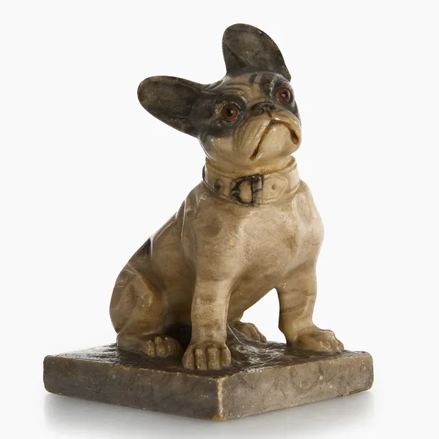 FIGURIN, alabaster, i form av av fransk bulldog, alabaster, ca 1920, signerad på sockel; Philo.S.