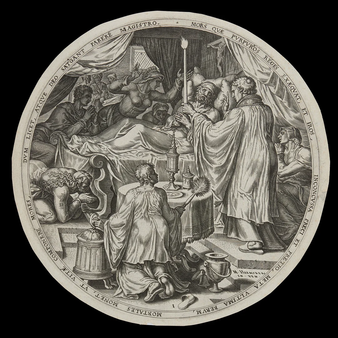 PHILIP GALLE (1537-1612), ”Mors quæ purpuros reges exæquat,…”, (The dying hour), kopparstick efter Maarten van Heemskerck (1498-1579), första motivet ur serien "The Four Ends of Mankind”, ca 1569. — Engravings & Prints — Crafoord Auktioner Stockholm
