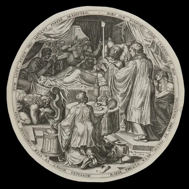 PHILIP GALLE (1537-1612), ”Mors quæ purpuros reges exæquat,…”, (The dying hour), kopparstick efter Maarten van Heemskerck (1498-1579), första motivet ur serien "The Four Ends of Mankind”, ca 1569.