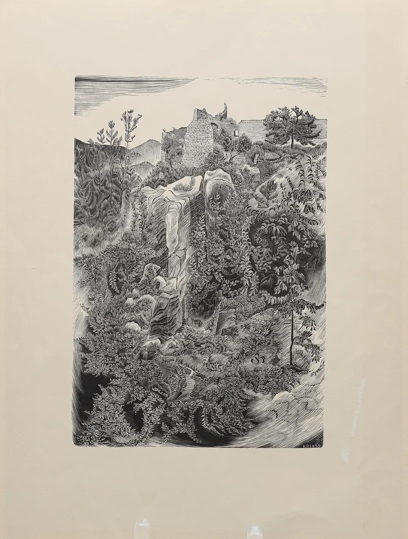 KARIN PERSSON. TRÄGRAVYR, "Borg och raviner San Giovenale", signerad samt daterad 1959 i trycket. — Engravings & Prints — Höörs Auktionshall