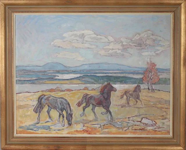 ACKE ÅSLUND. Hästar i landskap, olja på pannå, monogramsignerad och daterad -47.