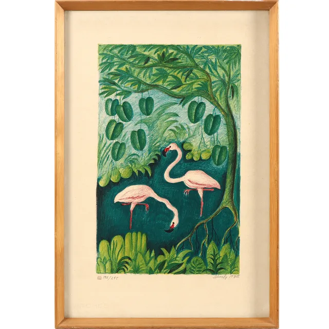 Hans Scherfig. Jungle motif with flamingos. Color lithograph