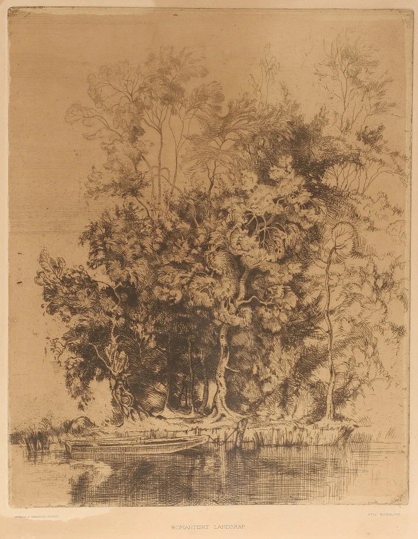 STIG BORGLIND. Etsning, "Romantiskt landskap", Föreningen för grafisk konst. — Engravings & Prints — RA Auktionsverket Norrköping