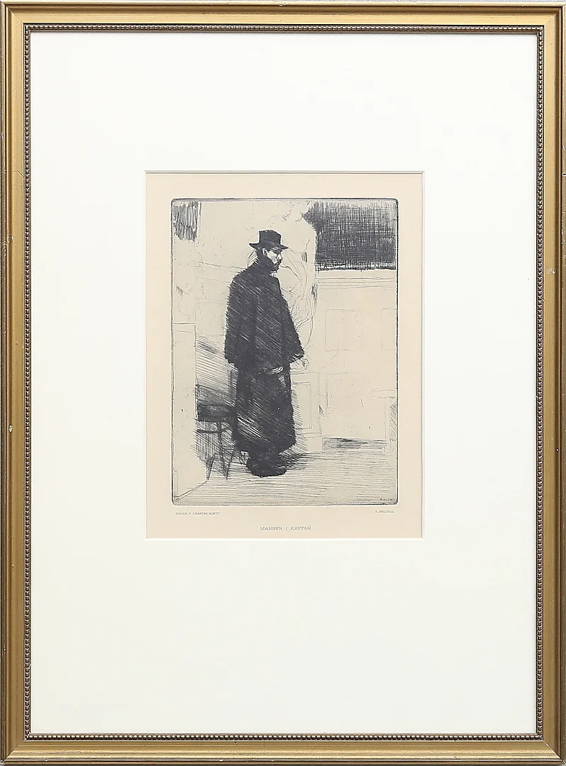 AXEL FRIDELL(1894-1935). "Mannen i kappan". Etsning, utgiven av föreningen för grafisk konst, osignerad. — Engravings & Prints — Gomér & Andersson Linköping