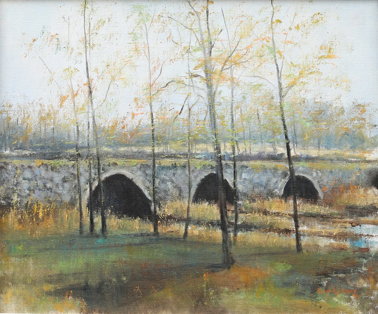 RALPH BJÖRKLUND (1937-2014. "Åsumsbron, Sjöbo", olja på duk. otydligt signerad. — Paintings — Garpenhus Auktioner