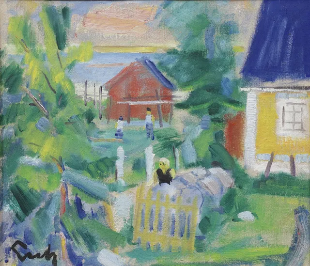 GERHARD LUNDBERG. Gårdsmotiv, olja på pannå, signerad.
