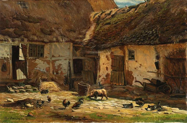 Chickens and a pig in a farm yard. Signed and dated Viggo Pedersen 1878. Oil on canvas. 40×60 cm.