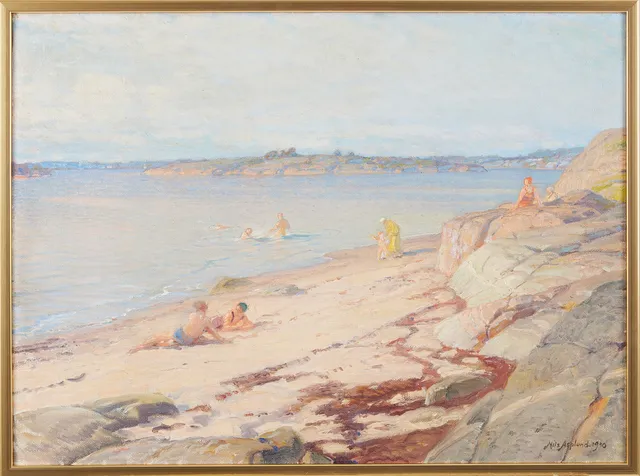 NILS ASPLUND (1874-1958). Skärgårdsmotiv, Sandhamn, olja på duk, signerad Nils Asplund, daterad år 1940.