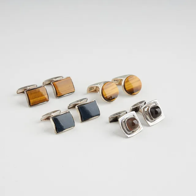 MANSCHETTKNAPPAR, 4 par, tigeröga, rökkvarts, spektrolit, silver, Finland.