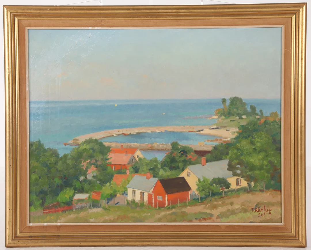 FRITZ KÄRFVE. 1880-1967. Olja på duk, Skånskt hamnmotiv, signerad 1955. — Paintings — Auktionsverket Engelholm