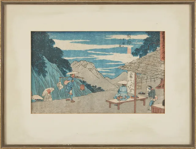 ANDO UTAGAWA HIROSHIGE (1797-1858). "Okabe: View of Mount Utsu" (Okabe, Utsu-no-yama no zu) ur Gyoshos upplaga av serien "Fifty-three Stations of the Tokaido" (Tokaido gojusan tsugi no uchi [Gyosho Tokaido]).