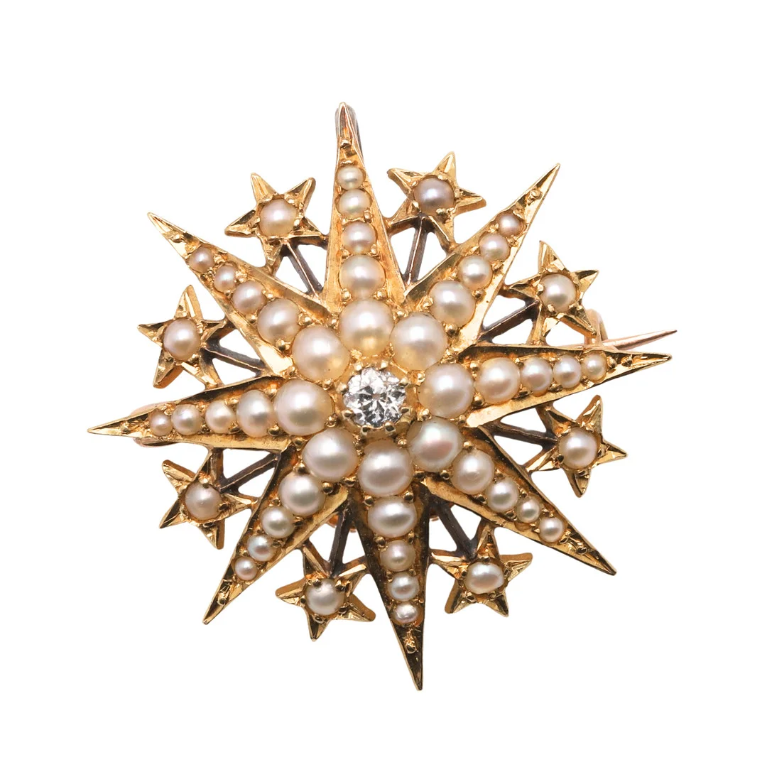 A VICTORIAN PEARL AND DIAMOND STARBURST BROOCH. — Brooches & Pendants — Lawrences Auctioneers