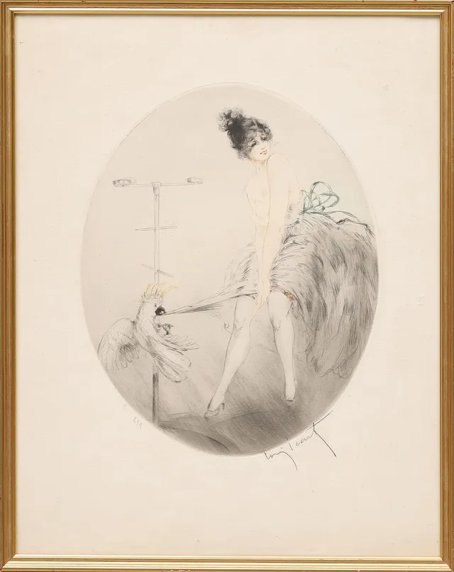 LOUIS ICART (1888-1950). "JEUNE FEMME ET PERROQUET", färgetsning, signerad, utförd 1921.