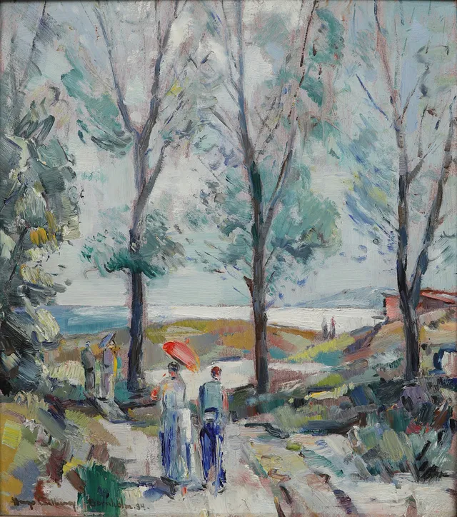 HUGO CARLBERG. "Vägen till badstranden, Melsted, Bornholm", olja på pannå, signerad och daterad -34.