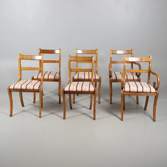A SET OF SIX REPRODUCTION DINING CHAIRS.