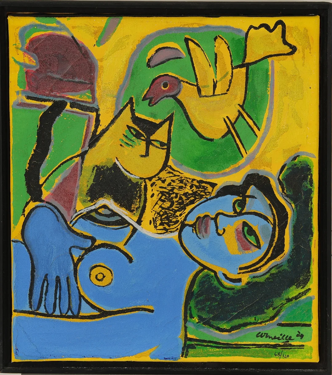 Corneille (Guillaume Cornelis van Beverloo, 1922-2010): Figural scenery with woman, bird and cat. Terragrafi, 2004. — Paintings and sculptures/Prints and photography — Lauritz