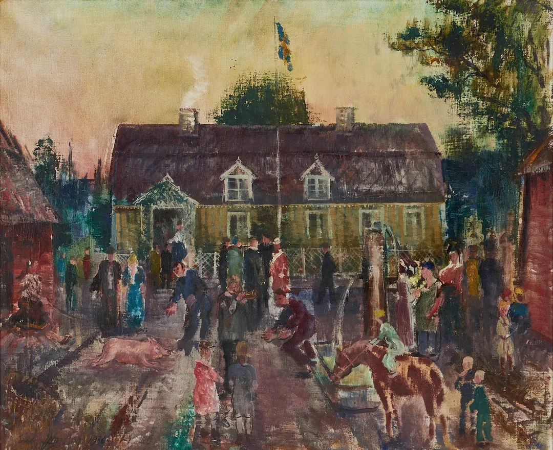 ERIK JÖNSSON (1893-1950), "Åldermannagillet", signerad, daterad 1936, olja på duk. — Paintings — Crafoord Auktioner Stockholm