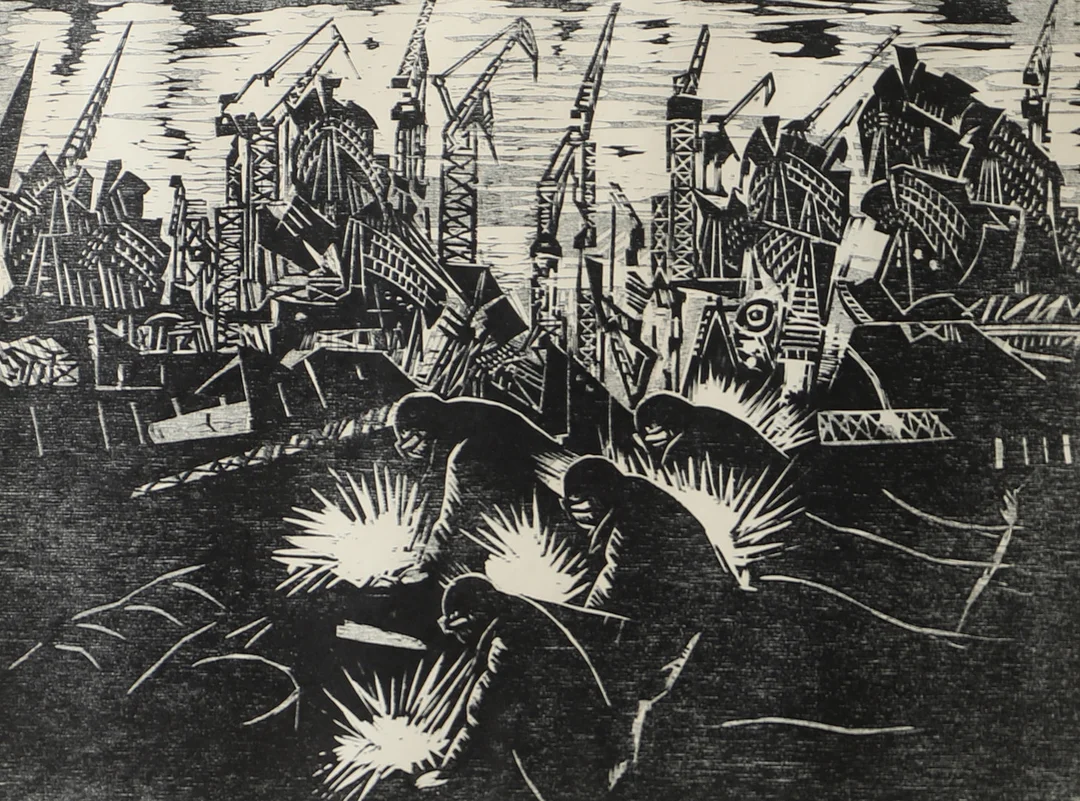 LENNART JÖNSSON. "Svetsarna", träsnitt, signerad. — Engravings & Prints — Helsingborgs Auktionskammare