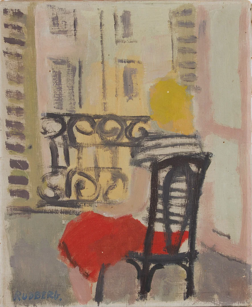 GUSTAV RUDBERG. Interiör med franskbalkong, signerad Rudberg, olja på duk. — Paintings — Stockholms Auktionsverk Magasin 5
