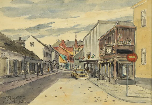OVE MATHIESEN. Olja på pannå, "Södergatan, Sölvesborg", signerad, daterad -78.